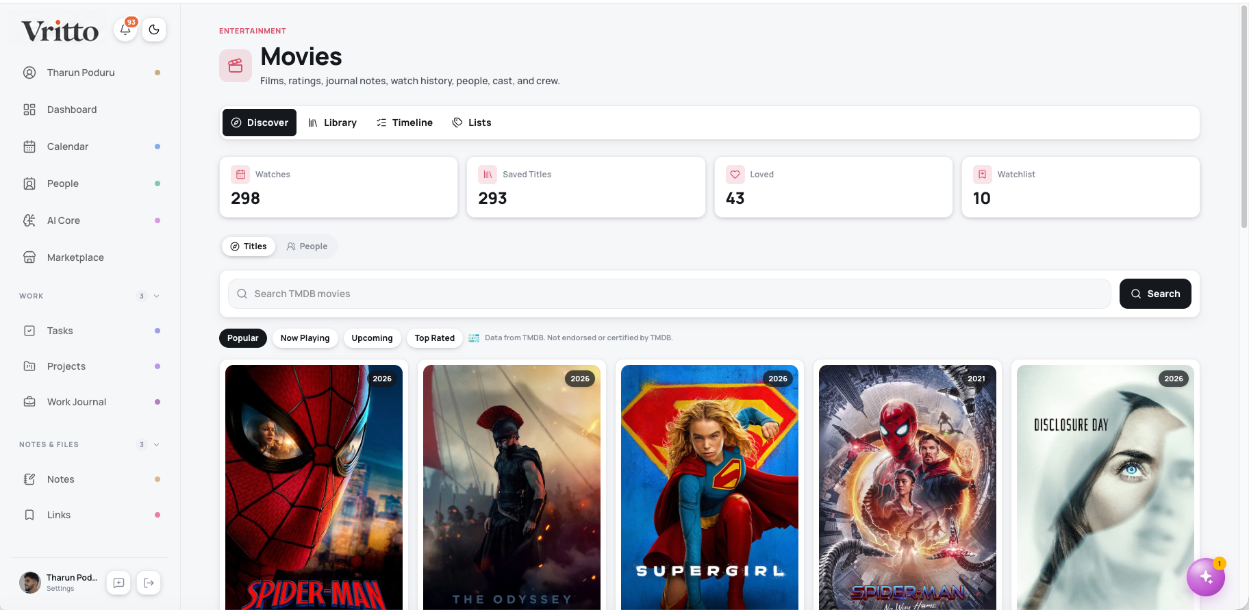 Vritto Movies module with discovery, library, timeline, lists, and viewing statistics
