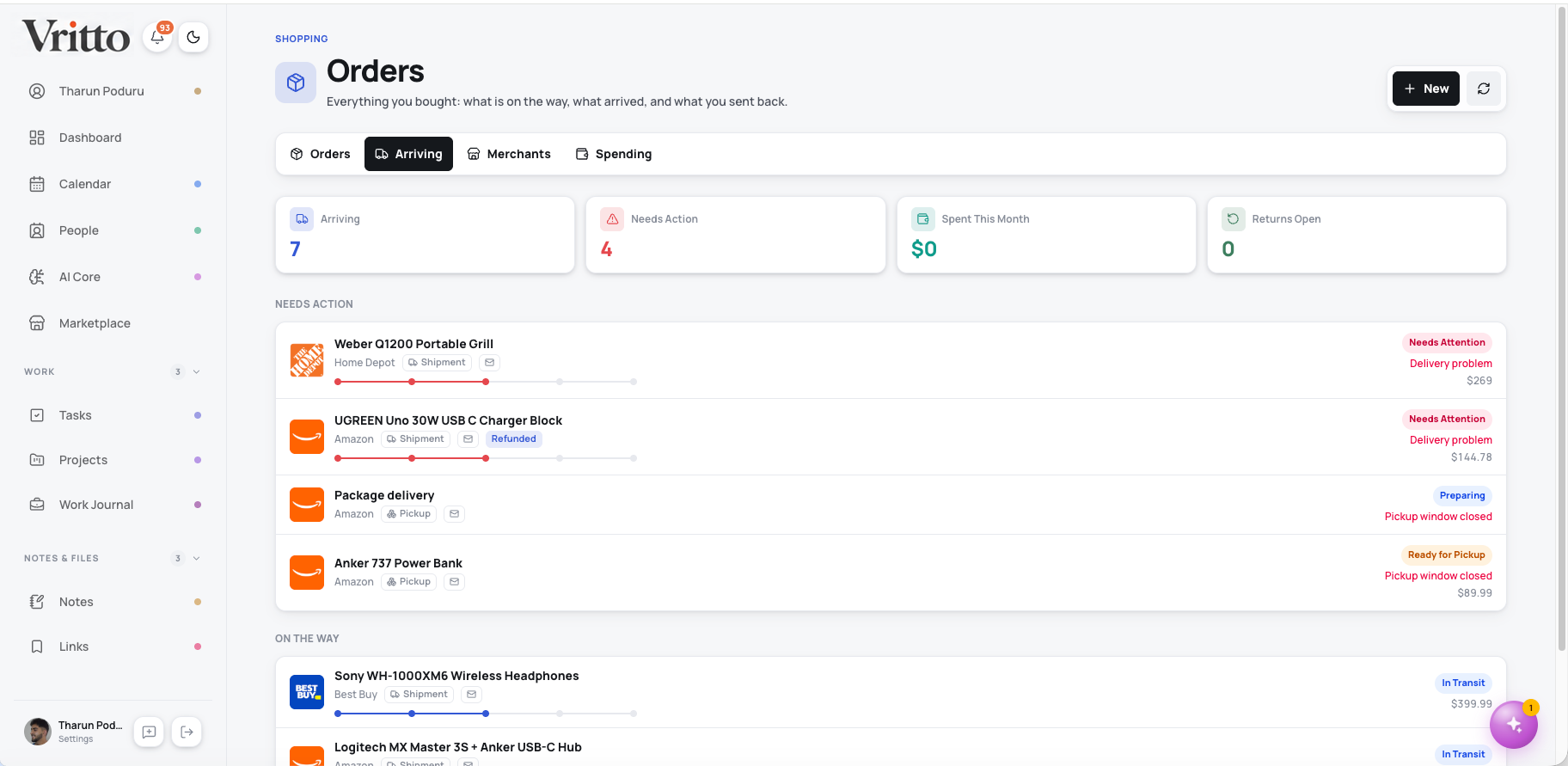 Vritto Orders module showing arrivals, delivery issues, pickup states, returns, and spending